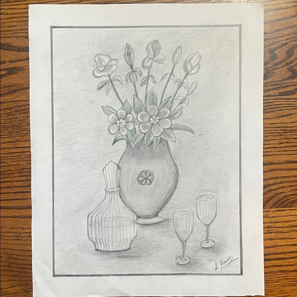 Original Floral Still Life Sketch Art Signed By Artist